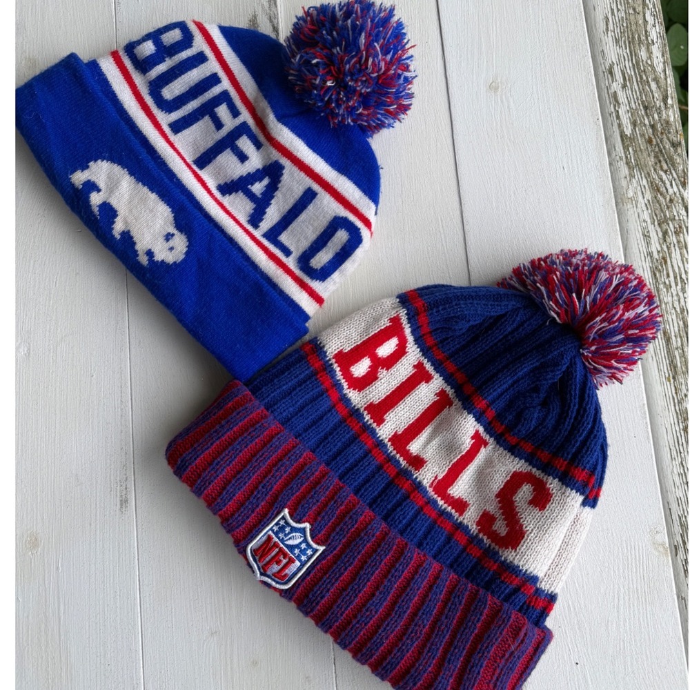 Buffalo Bills NFL Beanie Hat Lot 2 Blue Red White New Era Pom Knit Caps